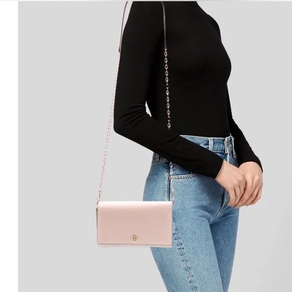 Tory Burch Robinson Leather Chain Wallet Crossbody Bag Shell Pink - Picture 2 of 10